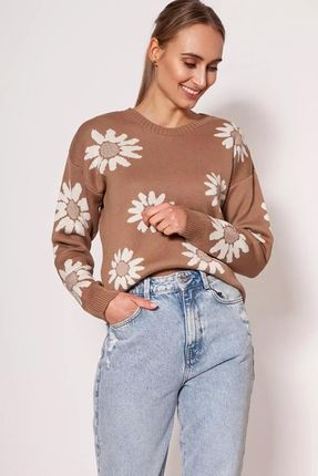 Prosty sweter damski w duże kwiaty (Mocca, L/XL)