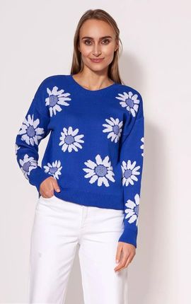 Prosty sweter damski w duże kwiaty (Kobaltowy, S/M)