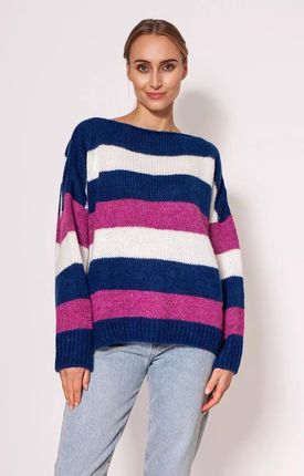 Wygodny sweter oversize w kolorowe paski (Kobaltowy, Uniwersalny)