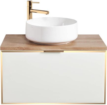 Biało złota szafka łazienkowa ze szklanym frontem z blatem dąb Sanitti Delta 80