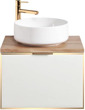 Biało złota szafka wisząca do łazienki z blatem dąb Sanitti Delta 60 front szklany