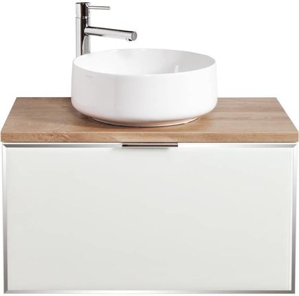 Biała szafka ze szklanym frontem do łazienki z blatem dąb classic Sanitti Delta 80