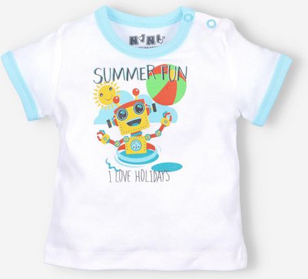 Biały t-shirt niemowlęcy SUMMER ROBOTS z bawełny organicznej dla chłopca