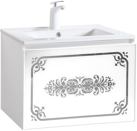 Szafka łazienkowa z ornamentem na szklanym froncie biało srebrna pod umywalkę Sanitti Vintage 60 VSB-60X-SR
