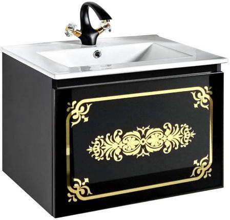 Szafka łazienkowa czarna z ornamentem złotym pod umywalkę blat Sanitti Vintage 60 front szklany