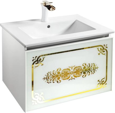 Szafka wisząca łazienkowa ze szklanym frontem z ornamentem biało złota pod umywalkę Sanitti Vintage 60 cm VSB-60X-ZL