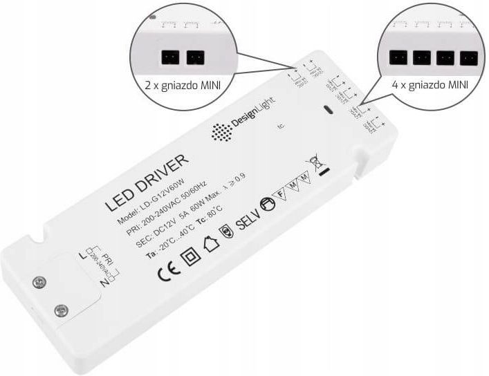 Design Light Zasilacz Do Led Z Gniazdami Mini 12V/Dc 60W (Destrald60Wt