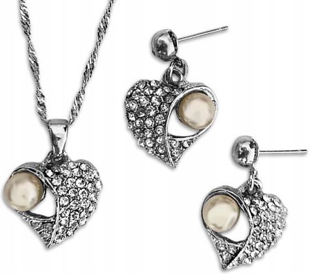 Srebrny komplet biżuterii serca białe perły