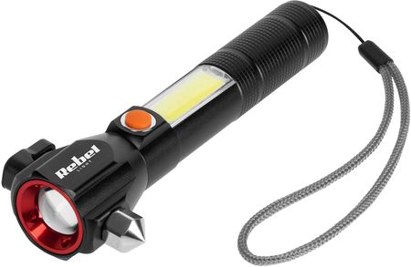 Akumulatorowa latarka ręczna ewakuacyjna REBEL LED COB ZOOM akumulator USB + młotek do szyb + nóż do pasów + magnes