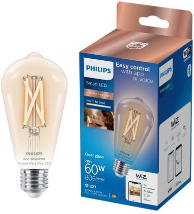 Philips Smart LED Żarówka filament przezroczysta E27 ST64 7 W (60 W), zimna - ciepła biel (929003018621)