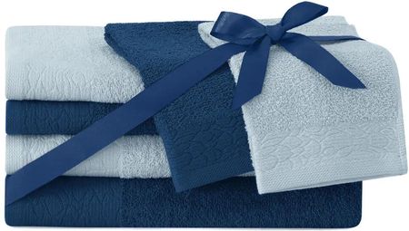 Ameliahome Komplet Ręczników Bawełnianych Flos 2 30X50 + 50X90 70X130 Granatowy Błękitny 90658