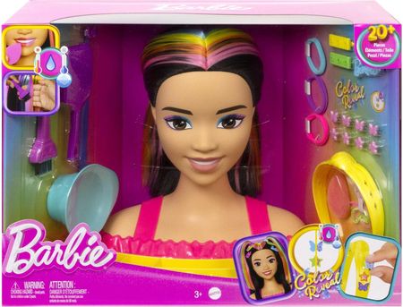 Barbie Głowa Do Stylizacji Neonowa Tęcza Czarne Włosy HMD81