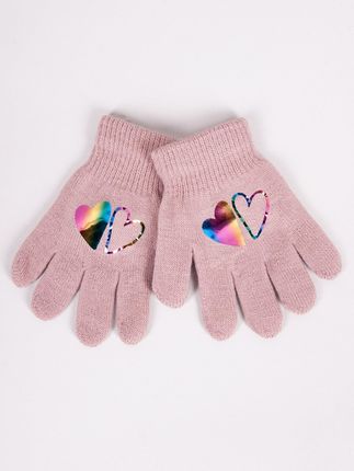 Rękawiczki dziewczęce pięciopalczaste różowe z hologramem sercami