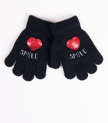 Rękawiczki dziecięce pięciopalczaste z cekinowym sercem czarne