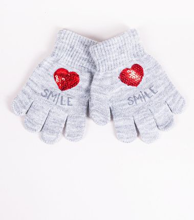 Rękawiczki dziecięce pięciopalczaste z cekinowym sercem szare