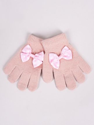 Rękawiczki dziewczęce pięciopalczaste z kokardką różowe