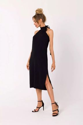 Prosta sukienka midi z dekoltem halter z odkrytymi plecami (Czarny, XL)