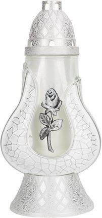 Znicz standard z wymiennym wkładem 2dni szklany znicz ozdobny 4059 biały z różą znicz ROSA