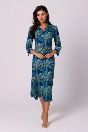Zwiewna sukienka za kolano w tropikalne wzory (Turkusowy, S)