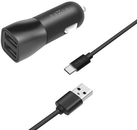Fixed 2xUSB-A Car Charger, 15W + kabel USB-A / USB-C, czarna (8591680114818)