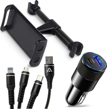 Alogy Uchwyt samochodowy na zagłówek do tabletu telefonu Czarny + Kabel 3w1 + Ładowarka USB-C + USB 3.1A