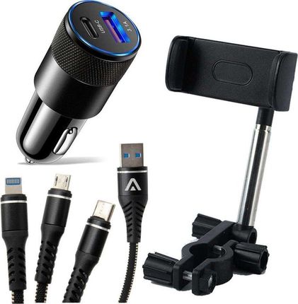 Alogy Uchwyt samochodowy na lusterko wsteczne do telefonu Czarny + Kabel 3w1 + Ładowarka USB-C + USB 3.1A