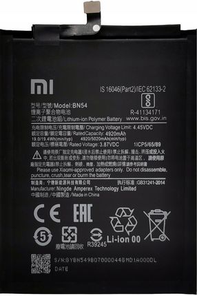 Xiaomi Nowa Bateria BN54 Redmi Note 9 4920 mAh