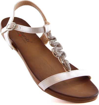 Sandały damskie komfortowe płaskie ze żmijką srebrne S.Barski KV 5541-42