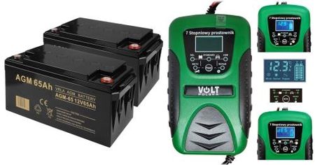 Zestaw 2x akumulator Volt VRLA AGM 12V 65Ah + prostownik Green 6PRLN12V8A