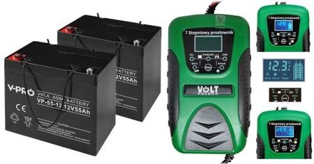 Zestaw 2x akumulator Volt VRLA AGM 12V 55Ah + prostownik Green 6PRLN12V8A