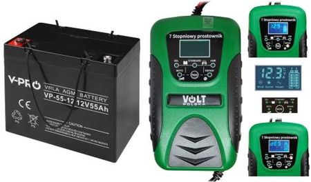 Zestaw akumulator Volt VRLA AGM 12V 55Ah + prostownik Green 6PRLN12V8A
