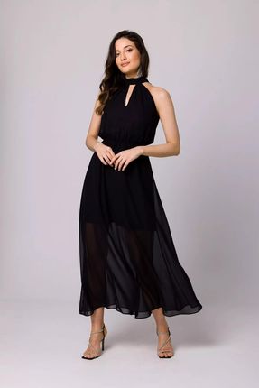 Długa sukienka z szyfonu wiązana na szyi (Czarny, S)