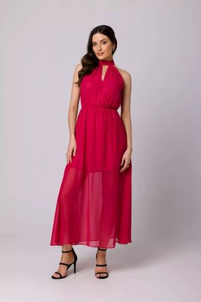 Długa sukienka z szyfonu wiązana na szyi (Fuksja, M)