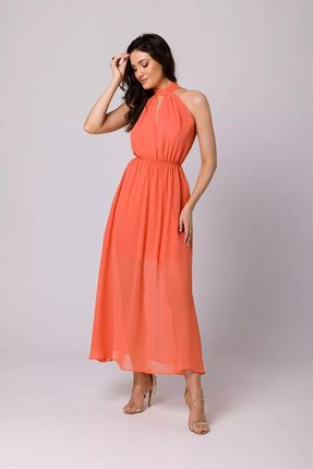 Długa sukienka z szyfonu wiązana na szyi (Pomarańczowy, S)