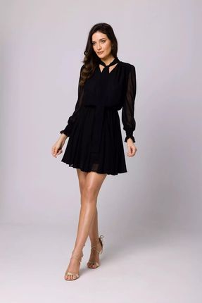 Zwiewna sukienka z szyfonu z wiązaniem przy szyi (Czarny, S)