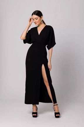 Długa sukienka z luźnymi rękawami i eleganckim dekoltem (Czarny, S)