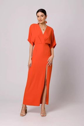 Długa sukienka z luźnymi rękawami i eleganckim dekoltem (Koralowy, S)