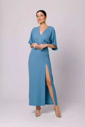 Długa sukienka z luźnymi rękawami i eleganckim dekoltem (Niebieski, S)