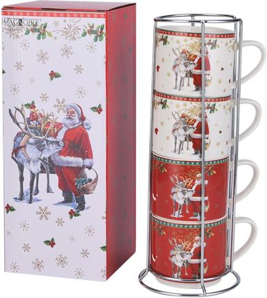 Magnoble Kubki Świąteczne Porcelanowe W Stojaku Magic Christmas Snow Biało Czerwone 330Ml 4Szt. (5557022)