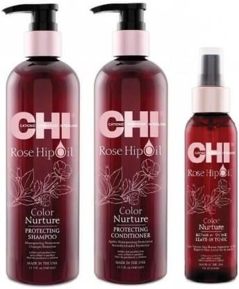 Chi Rose Hip Oil Zestaw Do Włosów Farbowanych Szampon Odżywka 2X340Ml I Odżywczy Tonik 118Ml