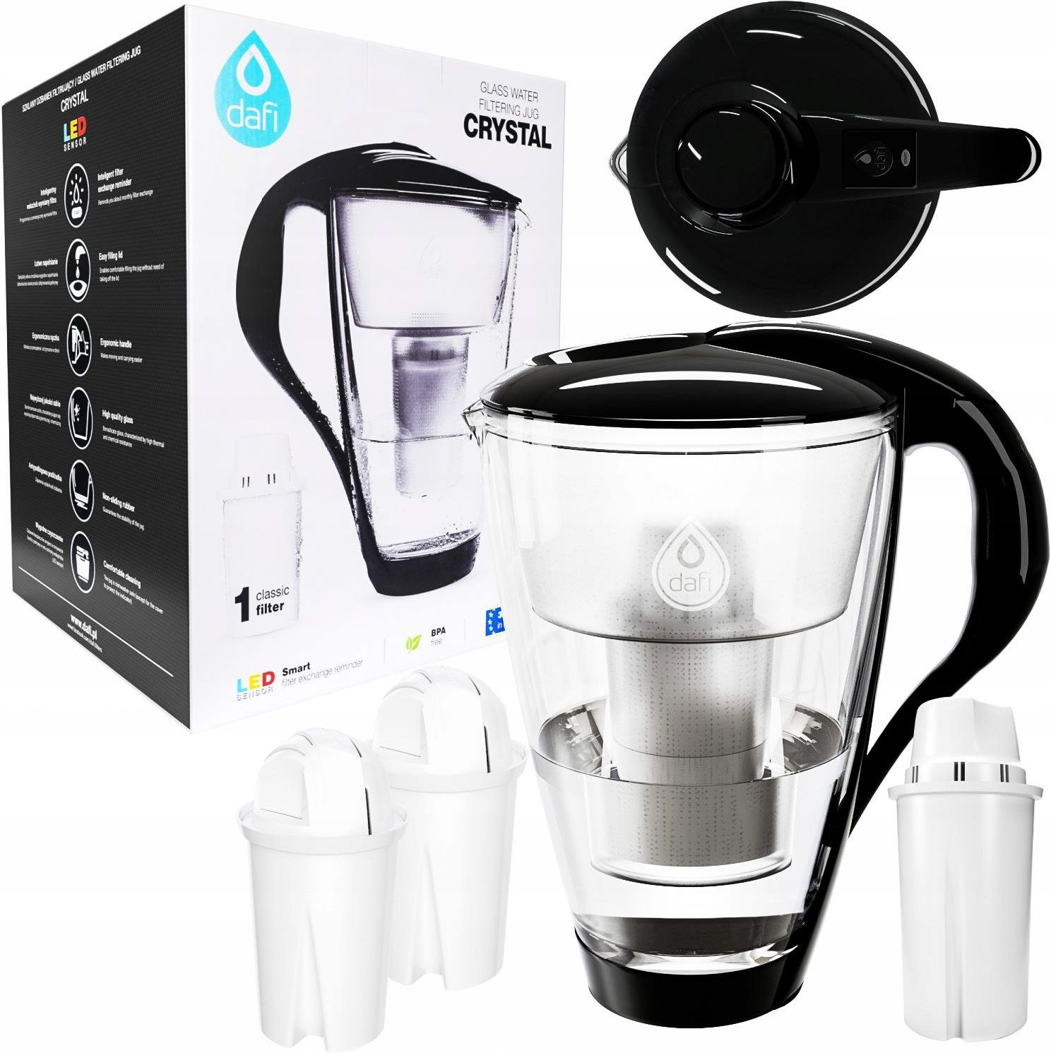 Caraffa Filtrante Dafi Crystal LED In Vetro Rosso 2,0L Con Cartuccia Classic - Riduce Calcare E Cloro
