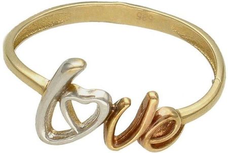 Diament Złoty pierścionek 585 z napisem Love Trójkolorowe złoto rozmiar 15
