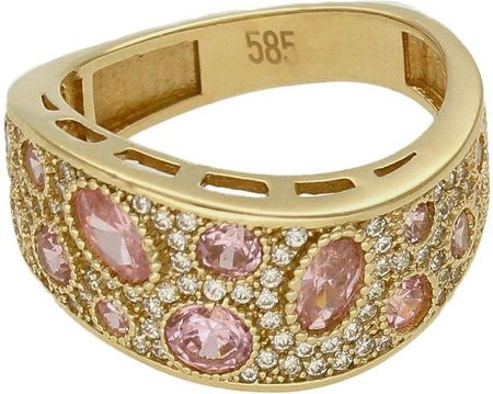 Diament Złoty pierścionek damski bogato zdobiony rożowymi i białymi kamieniami rozmiar 15