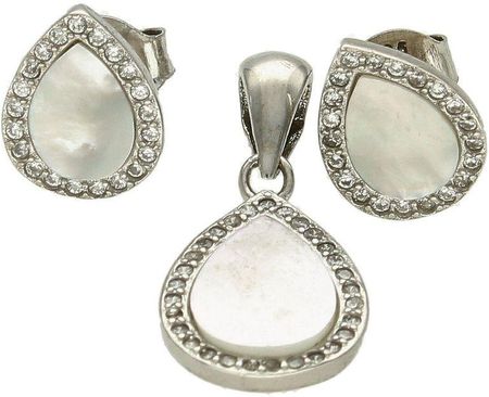 Diament Srebrny komplet damski kolczyki zawieszka z masą perłową i cyrkoniami