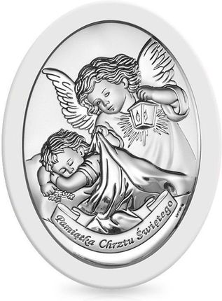 Sovrani Srebrny obrazek na Chrzest Święty Aniołek z latarenką w białej oprawie
