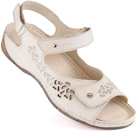Skórzane komfortowe sandały damskie na rzepy ekri Helios 266-2
