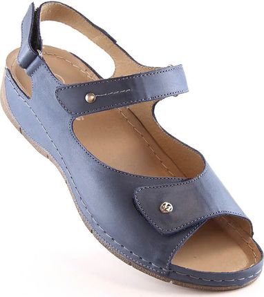 Skórzane komfortowe sandały damskie na rzepy granatowe Helios 266-2