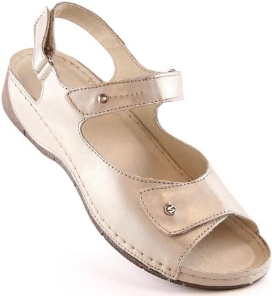 Skórzane komfortowe sandały damskie na rzepy złote Helios 266-2
