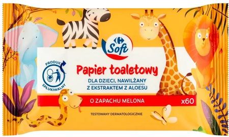 Carrefour Soft Papier toaletowy dla dzieci nawilżany o zapachu melona 60 sztuk