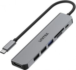 Zdjęcie Unitek HUB USB TYP-C 7w1 3x USB-A 3.0, PD 100W, HDMI 4K@30Hz, Czytnik kart (H1118A) - Kępice